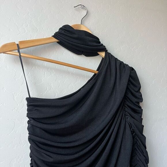 Aliette Black Ruched Bodycon Cut Out Mock Neck Long Sleeve Mini Dress Size 4 - Picture 3 of 11